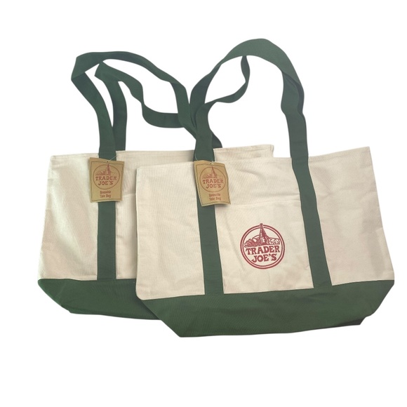 Trader Joe'S Handbags - TRADER JOE’S Viral Canvas Tote Bag Limited Edition in Natural and Green Set of 2